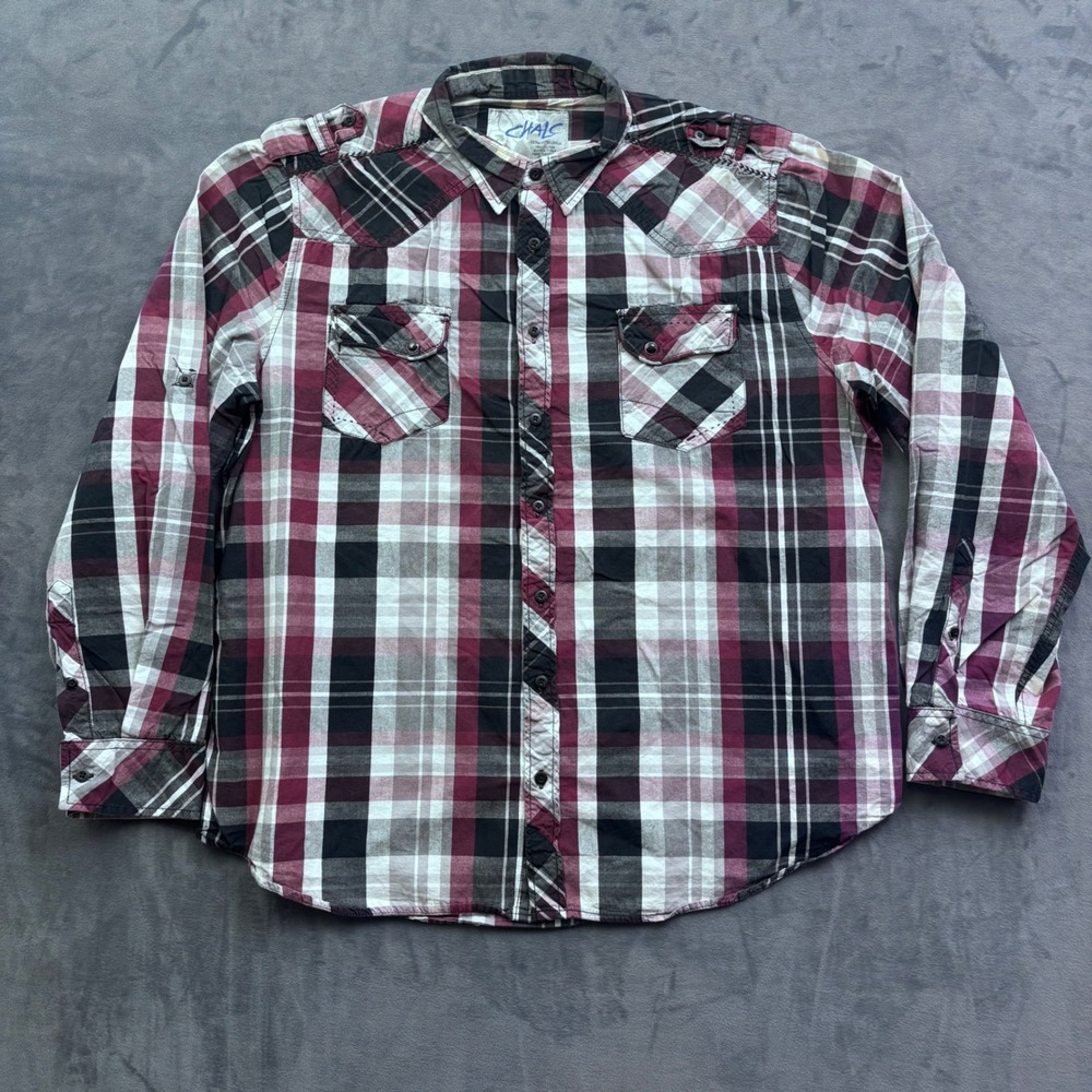 Chals Mens XXL Burgundy Plaid Western Button Down Shirt Cotton Long Sleeve